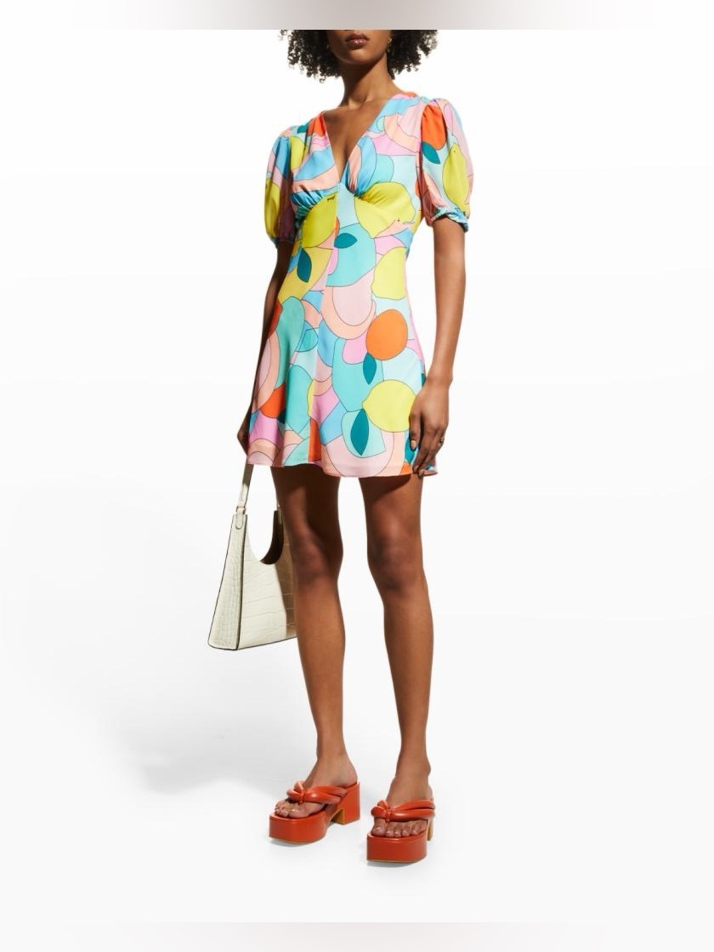 NWOT STAUD Colorful Abstract Print Puff-Sleeve Mini Dress - Multicolor- Size 12